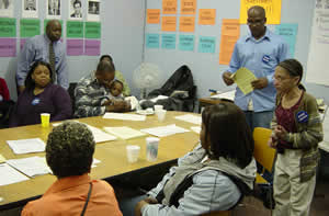 Electoral organizers and membership in a meeting sponsored by Community Voices Heard in the run-up to the 2004 election